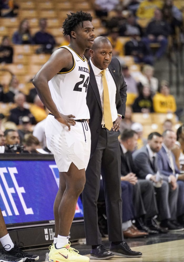 Dec 4, 2022; Columbia, Missouri, USA; Missouri Tigers guard Kobe Brown (24) talks with Missouri Tigers head coach Dennis Gates against the Southeast Missouri State Redhawks during the second half at Mizzou Arena.